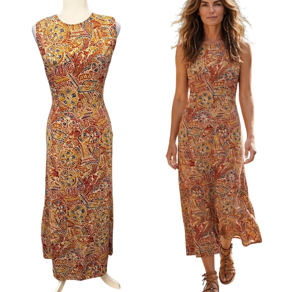 Vtg‎ 90s Y2K Silk Womens 10 Maxi Dress Boho Hippie Abstract Tribal Art to Wear